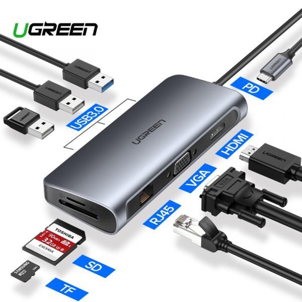 Ugreen USB-C Multifunction 9 in 1 USB HUB, USB-C to USB 3.0 (2 Ports) + HDMI + DP + VGA + Gigabit Ethernet + SD & TF Card Reader + USB-C PD